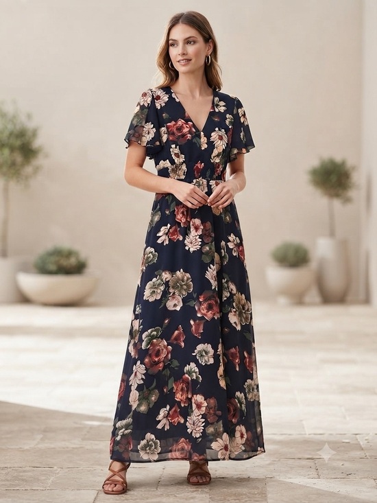 Simplee Dresses & Skirts - SIMPLEE Floral V-Neck Maxi Dress M Black Neutral NWOT